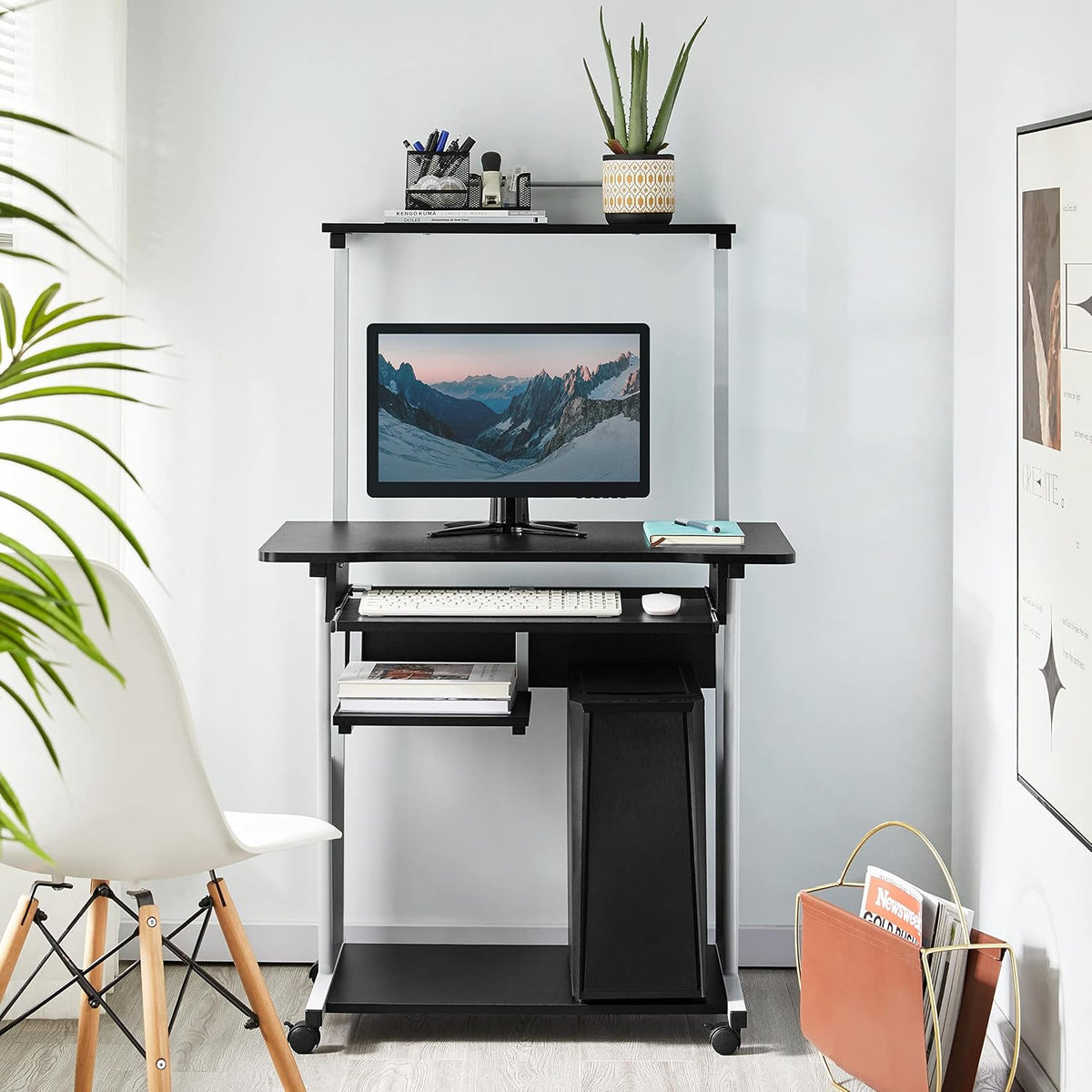 Yaheetech Small Rolling Computer Desk with Hutch and Storage Shelves, Black