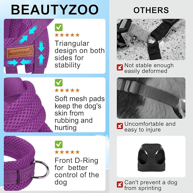 BEAUTYZOO Dog Harness for Small Dogs, No Pull Dog Harness and Leash Set, Soft Escape Proof Puppy Vest Harness with Handle, Reflective Lightweight Step in Harness for Girl Boy Dogs, Purple S