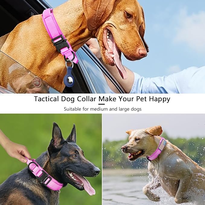 DAGANXI Tactical Dog Collar, Adjustable Military Training Nylon Dog Collar with Control Handle and Heavy Metal Buckle for Medium and Large Dogs, with Patches and Airtags Case (M, Pink)