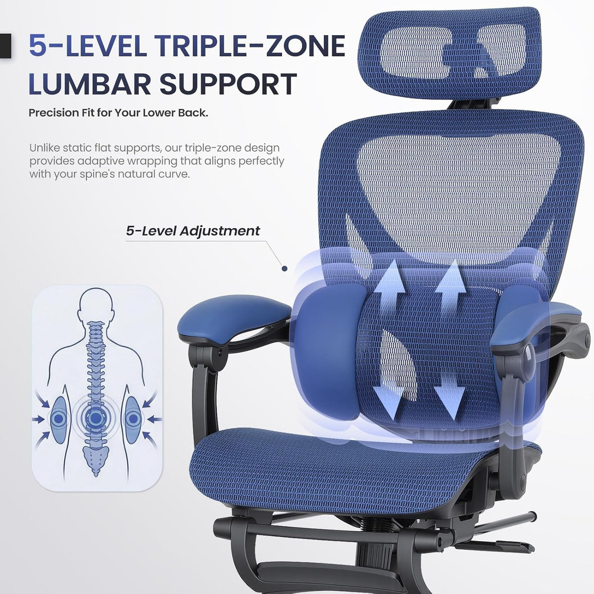 MALOL Ergonomic Mesh Office Chair with Footrest, Executive High Back Computer Desk Chair with 3D Adjustable Headrest & 5-Level Lumbar Support, Reclining Tilt Lock, 3D Arms, 300LBS Capacity, Blue