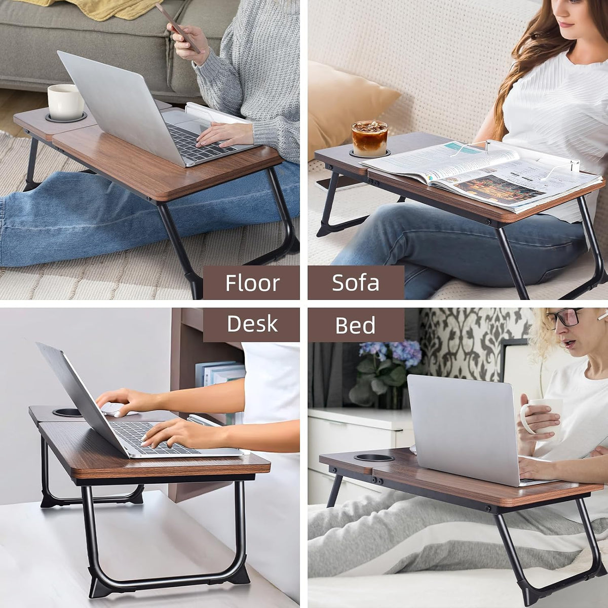 wishacc Lap Desk for Bed, Foldable Laptop Bed Tray Table with Independent Adjustable Tablet & Phone Stand, Portable Work from Couch Desk Tray with Mouse Area, Computer Laptop Holder for Recliner Sofa