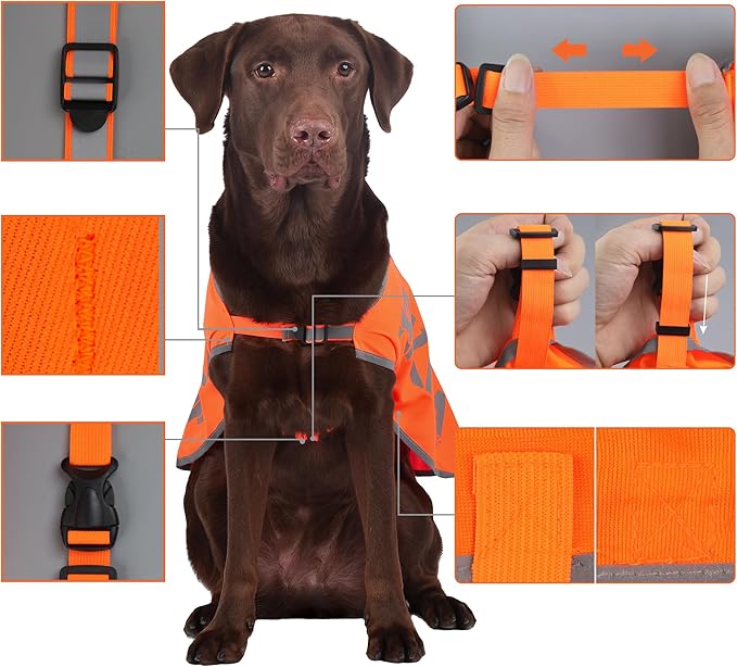 Orange Reflective Dog Vest for Large Breeds, High Visibility Dog Safety Vest Harness with Removable Bell Keep Safe from Hunting, Training & Cars Accidents
