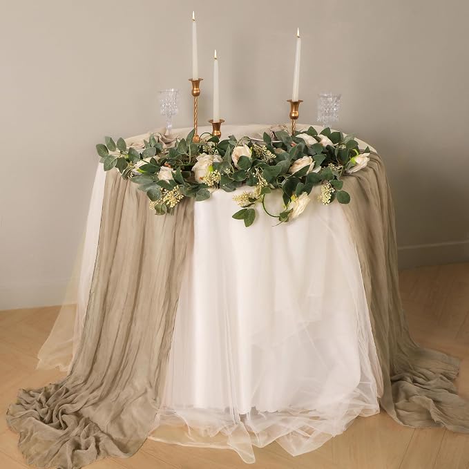 Snowkingdom 6 PCS Nude Brown Cheesecloth Table Runner, Taupe Light Tan 120 inch