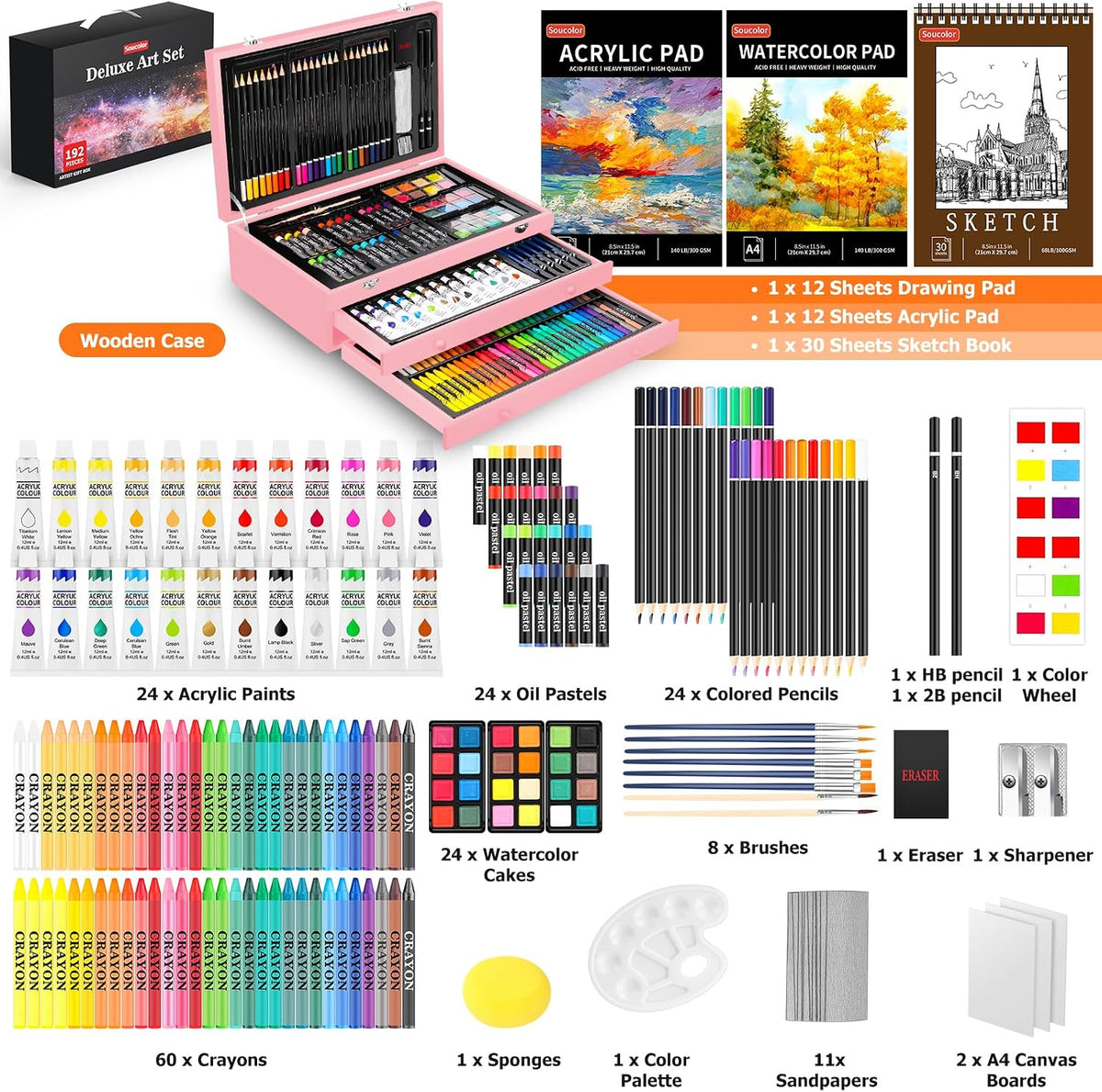 Soucolor 192-Pack Deluxe Art Supplies,Drawing Painting Sets,Teen Girl Gifts