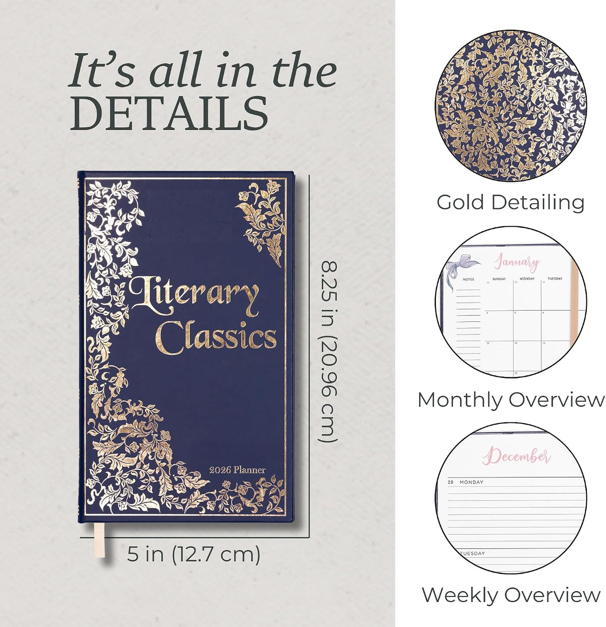Steel Mill & Co 8.25" x 5" Monthly & Weekly 12-Month Planner Dated January 2026 - December 2026, Book Lover's Organizer with Vegan Leather Cover with Gold Foil, Quotes & Art from Classic Novels (Literary Classics)