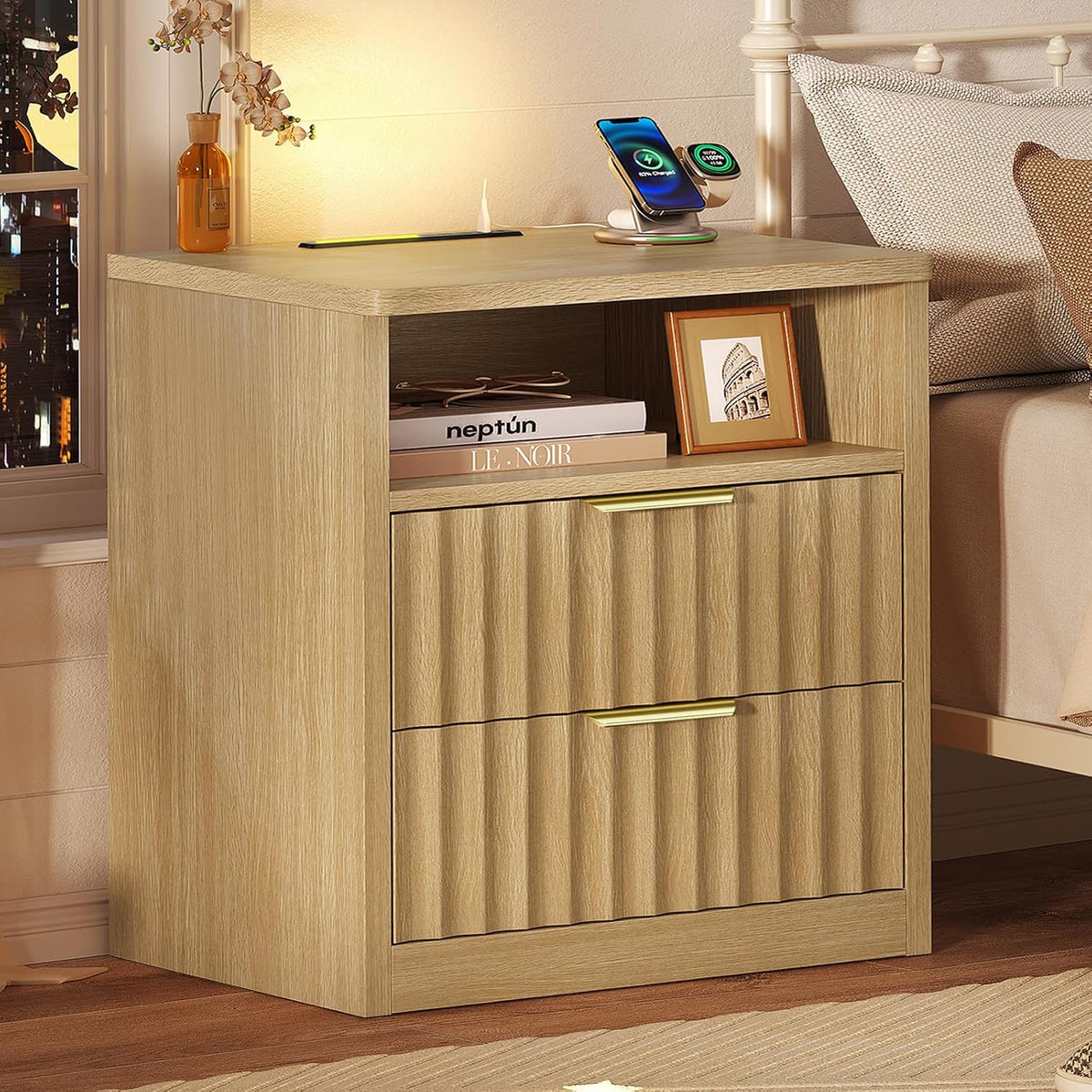 TEENFON Fluted Night Stand, Nighstand with Charging Station and LED Light, Modern Bed Side Table for Small Space, Storage Drawer and Open Shelf, for Bedroom, Natural