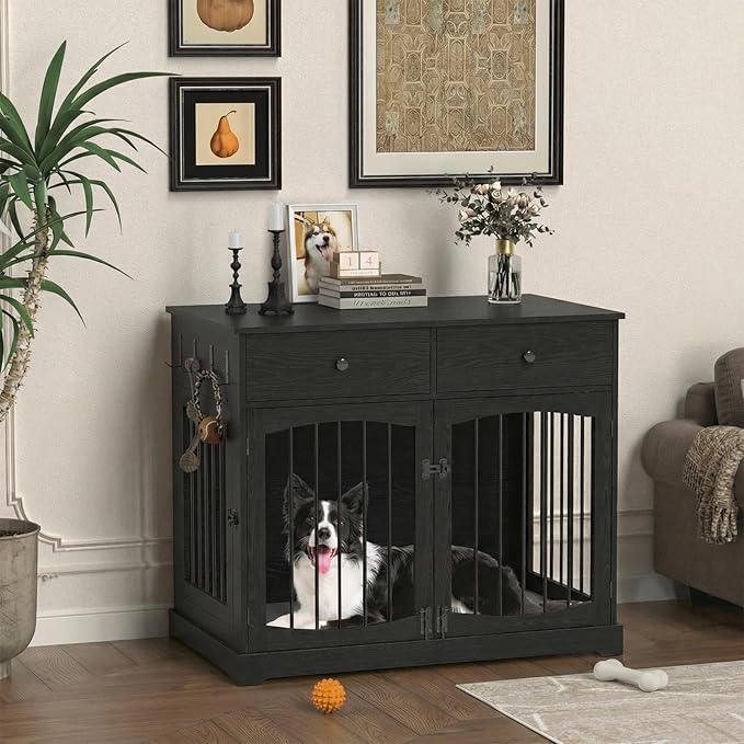 BREEZEHEAT 40 inch Dog Crate Furniture-Farmhouse Dog Kennel with Drawers-End Table Wooden Pet Crate, Double Door Design, Decorative Dog House Indoor for Small Medium Large Dog,Brwon