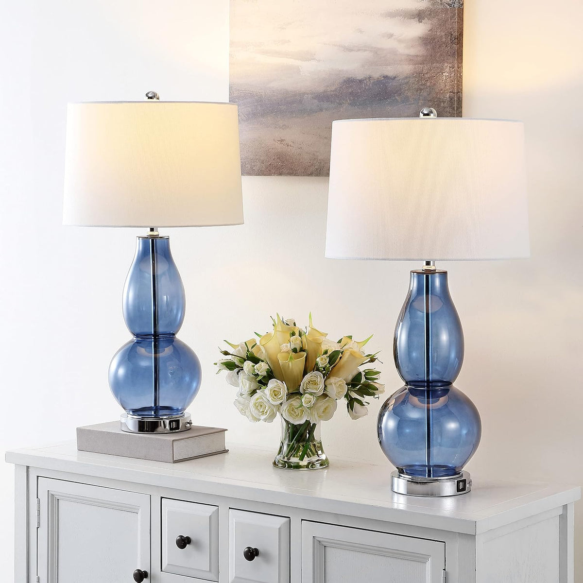Safavieh Lighting Collection Mercurio Double Gourd Blue and White Table Lamp, Set of 2