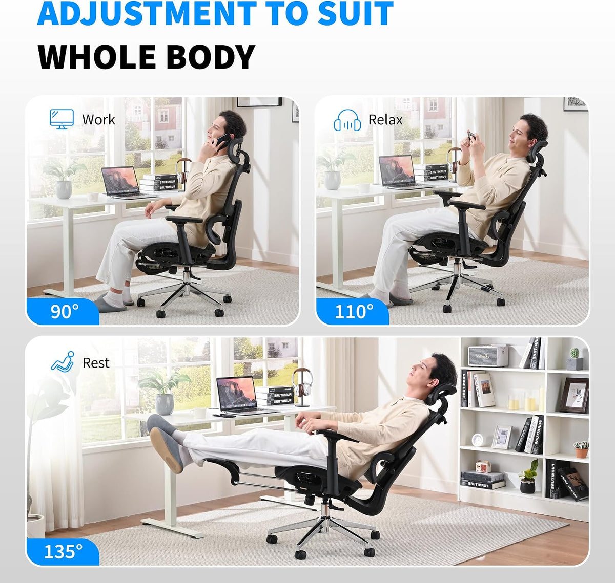 Mesh Ergonomic Office Chair with Footrest, Black