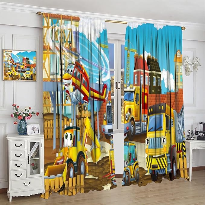 Kids Cartoon Construction Window Curtains, Funny Construction Site Cars and