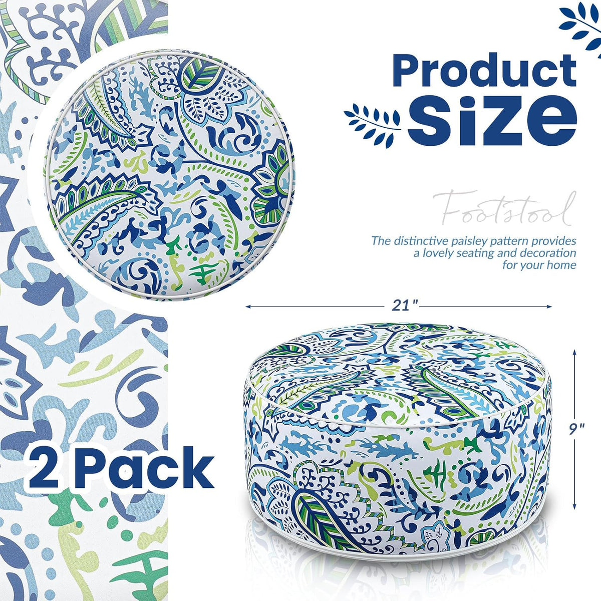 Cinnvoice 2 Pcs Inflatable Indoor Outdoor Ottoman Pouf with Handle D21 x H9 Inch Waterproof Round Pouf Ottoman Portable Footstool for Patio Garden Camping or Home Pool(Paisley)