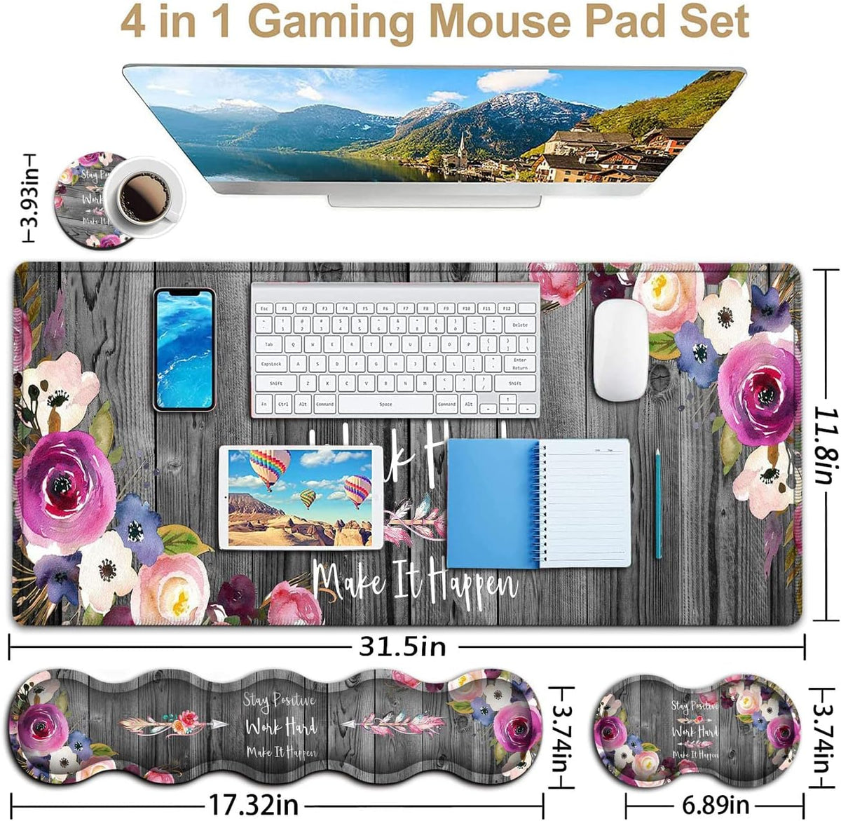 Office Desk Pad,Large Mouse Pad,Laptop Desk Table Protector Writing Mat, Ergonomic Extended Black Mouse Pad, Memory Foam Keyboard Wrist Rest Support Set, Inspirational Work Hard and Flowers Desk Mat