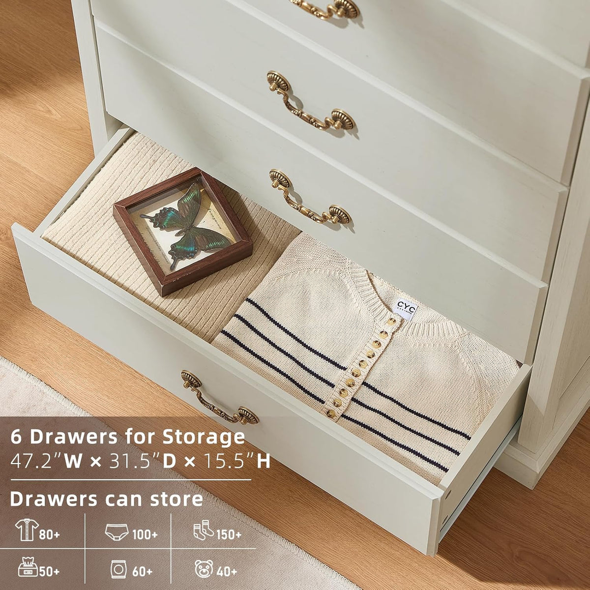 6 Drawer Dresser,Farmhouse Wood Chest of Drawers for Bedroom,47" Tall Dresser with Rustic Handles,Wood Drawer Organizer for Living Room,Hallway,Closet,White