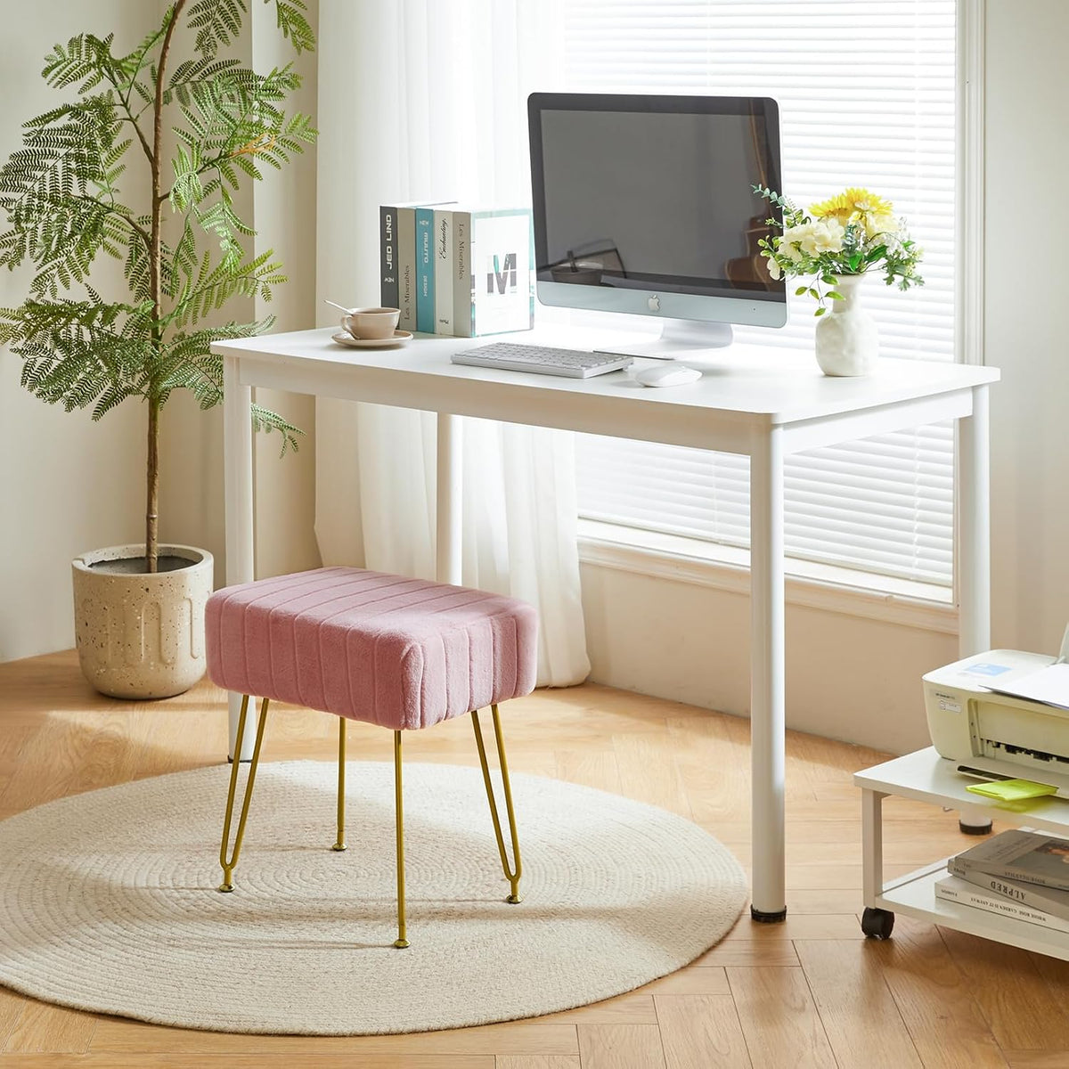 IBUYKE Makeup Vanity Stool, Velvet Rectangular Footrest, Pink LG-51P