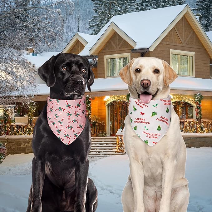 Cute Christmas Dog Bandanas Large 2PCS, 4 Pattern Holiday Scarf for Boy and Girl, Triangle Reversible Bibs Breed for Puppy Pets