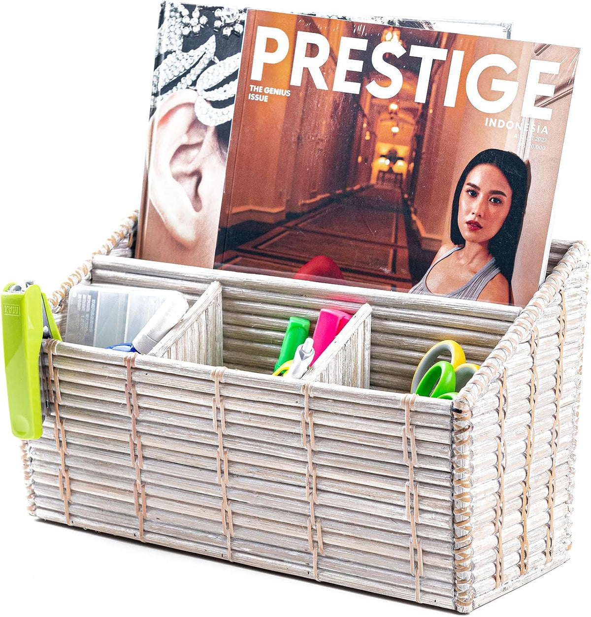 Rattan Desk Organizer – 4-Slot Letter Holder & Mail Organizer Countertop, 12.5"x6"x7.75" Wicker Mail Basket w/Metal Frame for Side Table, Boho Office Decor (White Wash)