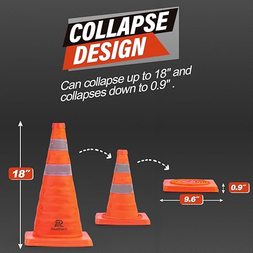 RoadHero 18 Inch 4 Pack Collapsible Traffic Safety Cones, Multi Purpose Pop-up Cones with Reflective Collar for Road Safety, Orange Cones for Driving Training, Parking Lots