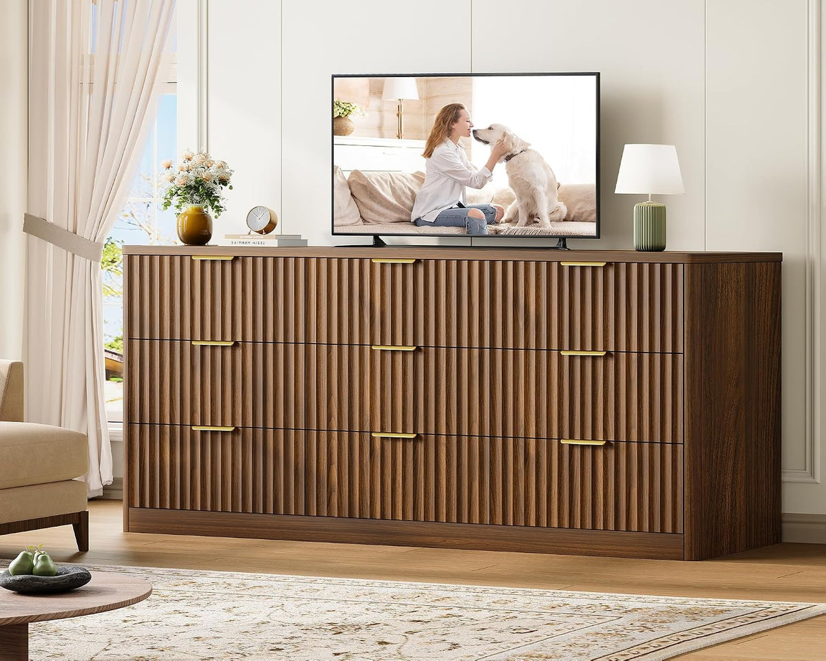 TEENFON 63" Dresser for Bedroom with 9 Drawers, Modern Dressers & Chest of Drawers with Metal Handles, Fluted Dresser, Wood Closet Clothes Storage Organizer for Living Room, Hallway, Walnut