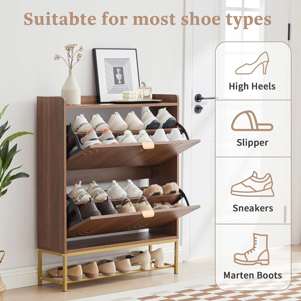 LEVNARY Narrow Shoe Storage Cabinet with 2 Flip Drawers, Wooden Freestanding Hidden Shoes Rack Organizer for Entryway, Mid-Century Modern Shoe Cabinet with Carving Lines for Hallway Foyer (1, Walnut)