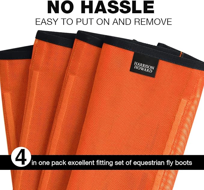 Harrison Howard Loose Fitting Fly Boots UV-Protective Extra Tough Mesh Ventilated Four Fasteners Stay-on Design Protect Horse Legs & Stomp-Reducing Set of 4 Orange Medium