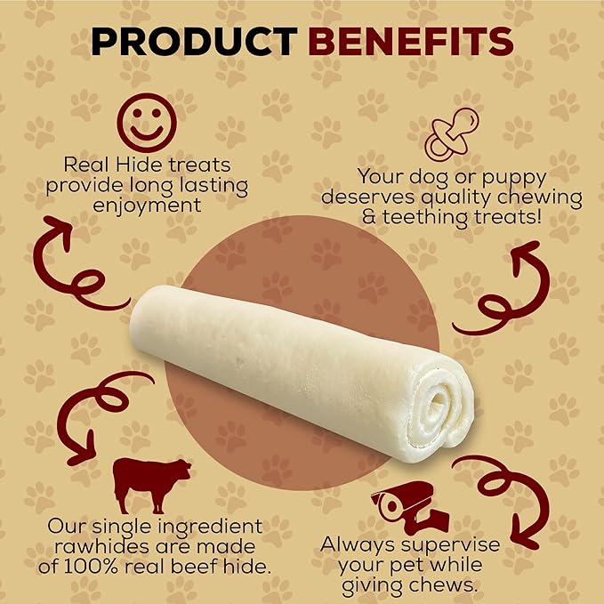 | All Natural Dog Chew Treats - Premium Rawhide Rolls, 9-10 Inch - Long Lasting Grass Fed Free Range Beef Hide - Medium/Large Dogs - 20 Count