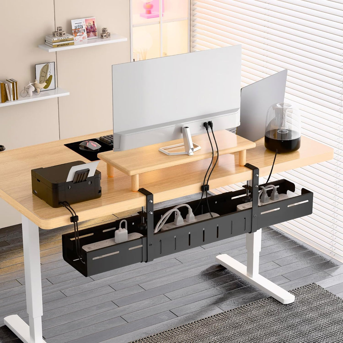 Under Desk Cable Management Tray-No Drill Clamp Moun，Expandable 25.2"–38.6"
