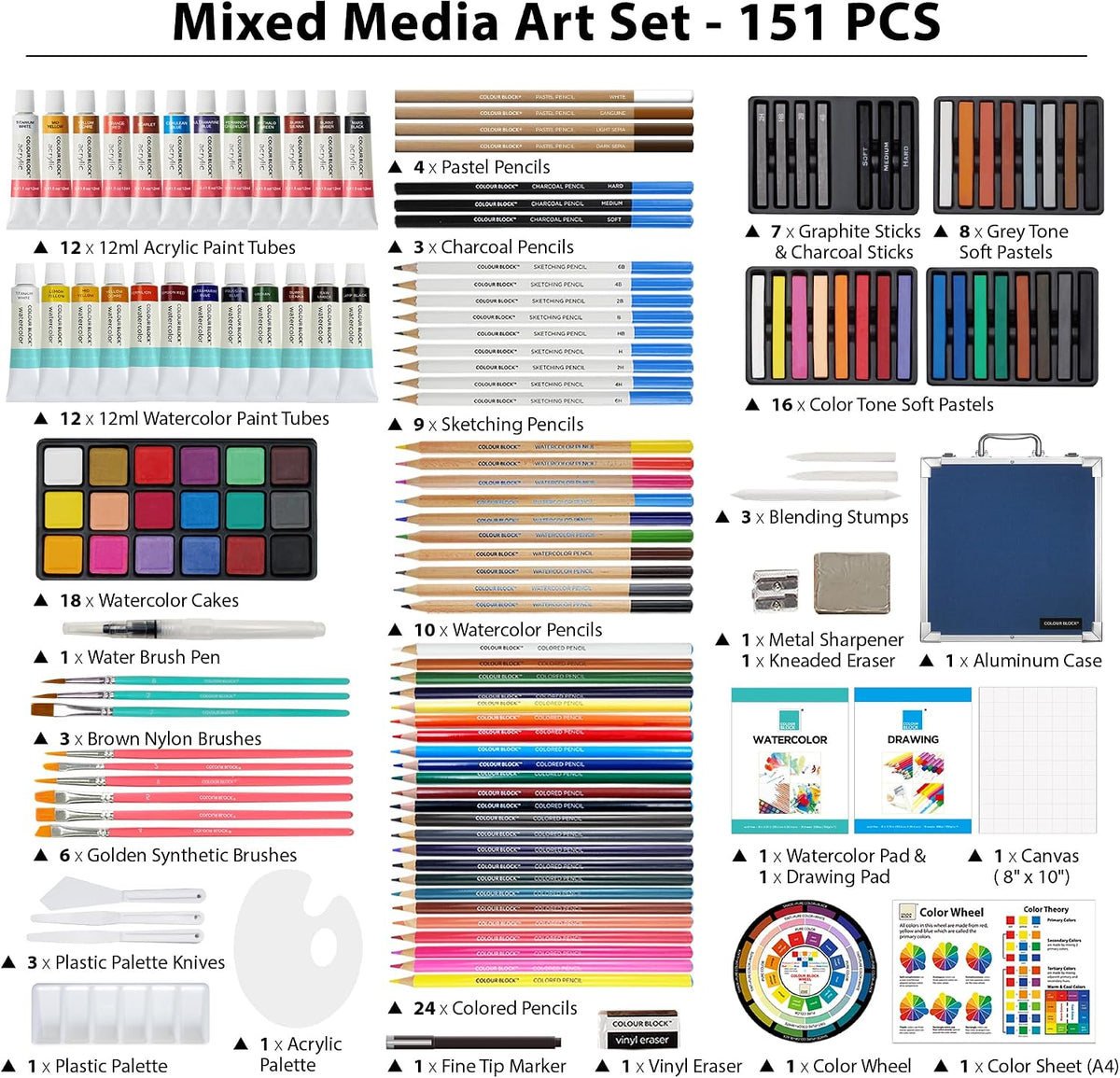 COLOUR BLOCK 151-Piece Professional Art Supply Set with Mixed Media, Paint Kit & Brushes in Aluminum Case, Complete Art Supplies for Adults, All Level Artists, Travel Art Set
