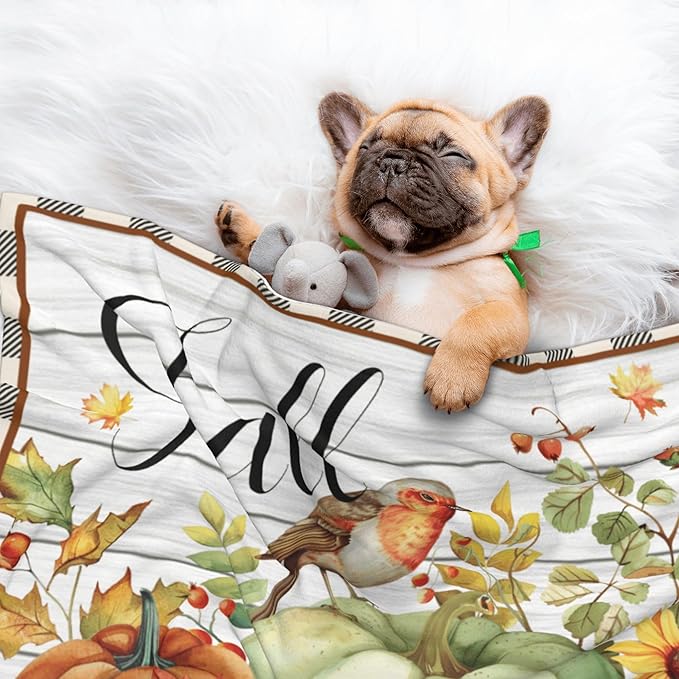 Fall Blanket for Pet - Wood Throw Blanket 30x20 Pumpkin Birds Sunflowers Couch Blankets for Puppy Dogs Cats