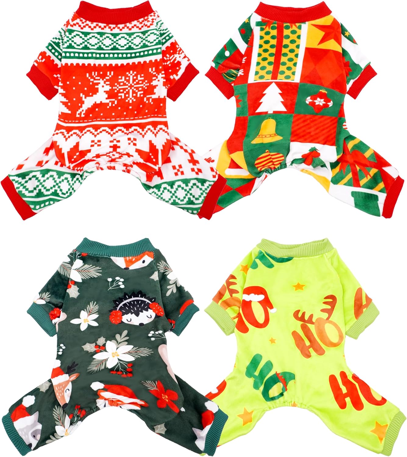 PET SHOW 4 Pack Christmas Small Dog Pajamas Holiday Dog Clothes for Medium Dogs Girl Boy Soft Stretchy PJs Xmas Jumpsuit Puppy Cats Onesies Red Green Outfits with Sleeve Pets Dachshund Costume L