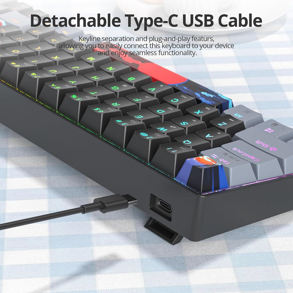 Black and Grey Mechanical Gaming Keyboard 65%, 68 Keys Small Wired RGB Keyboard with PBT Keycaps, Anti-Ghosting for Game/Office