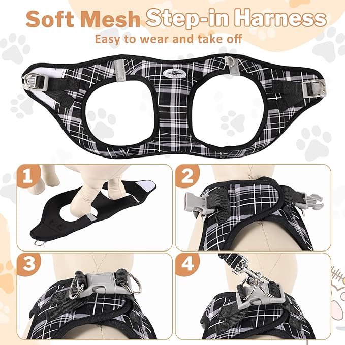 Gyuzh No Pull Cat Harness - 3-in-1 Step in Harness Collar Leash Set for Puppy & Kitten Walking & Training, Lightweight Plaid Vest (Black, M)