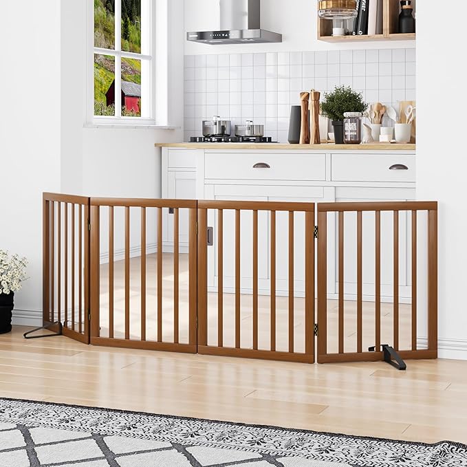 Freestanding Pet Gate Foldable 4 Panel Dog Gate Walnut Dog Gates for Stair Doorways House Indoor (2 Support Feet Included)