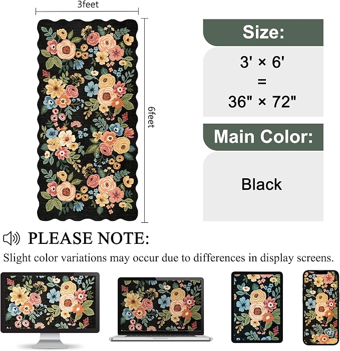 DUKINO 3x6 Washable Runner Rug, Soft Indoor Floral Non Slip Runner Rug