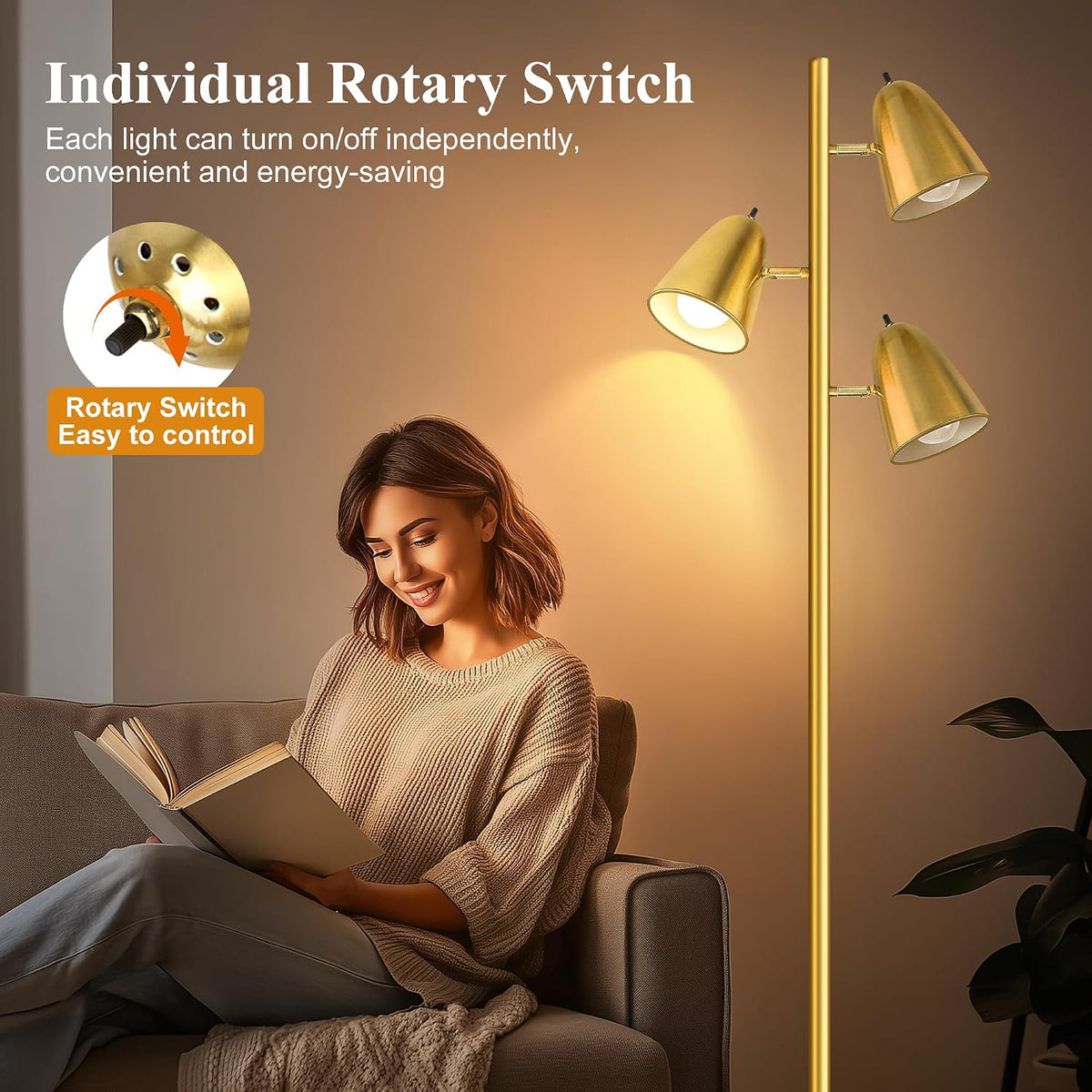 QiMH Tree Floor Lamp with 3 Light Bulbs, Standing Tall Pole Lamps for Living Room Bedroom Office, Reading Stand up Lamps with 3 Adjustable Arms, Brushed Gold