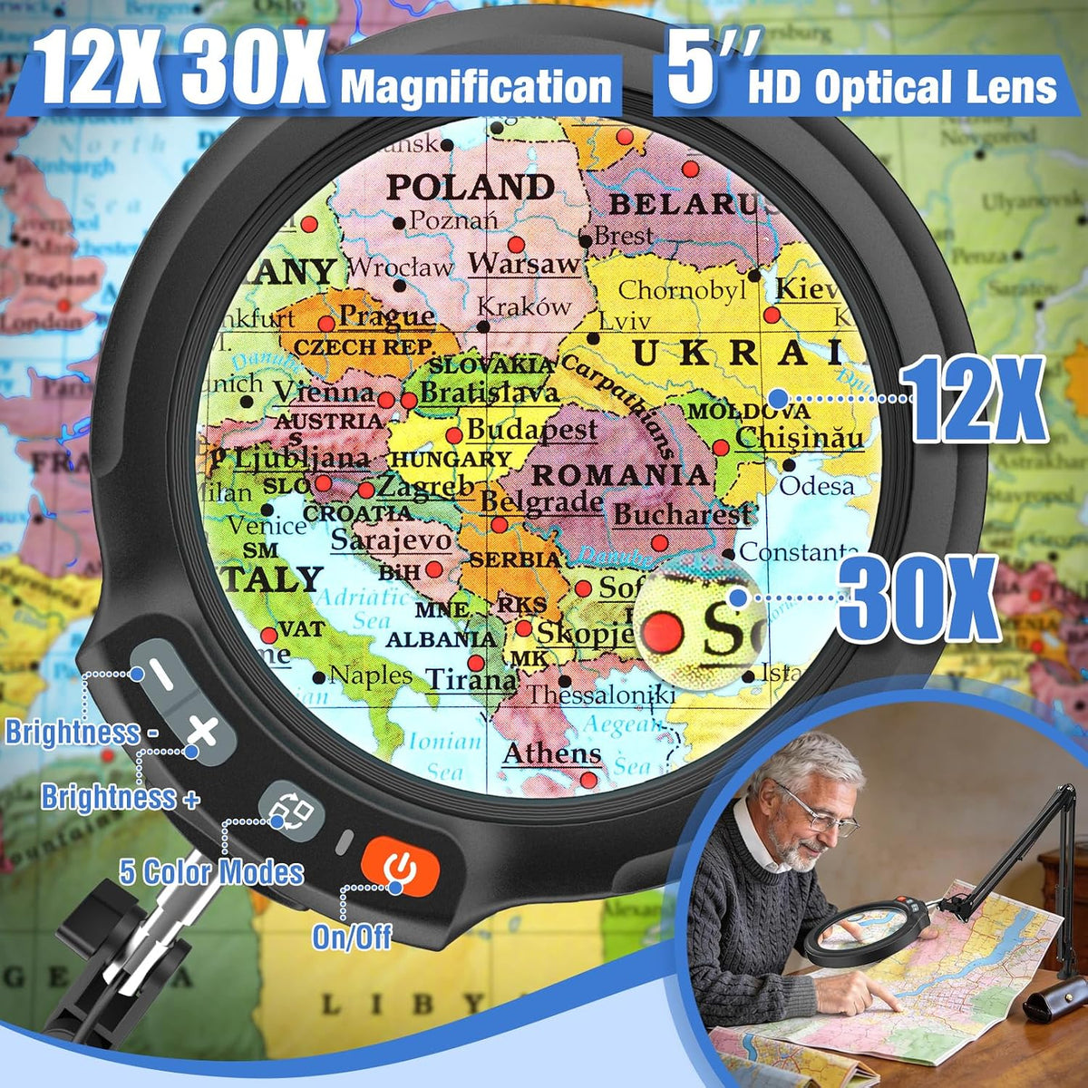 30X 12X Large Magnifying Glass with Light and Clamp, 5-Inch Optical HD Lens