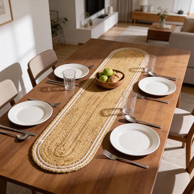 Encasa XO Handwoven Jute Table Runner, Center Table 12"x54" Off White & Jute