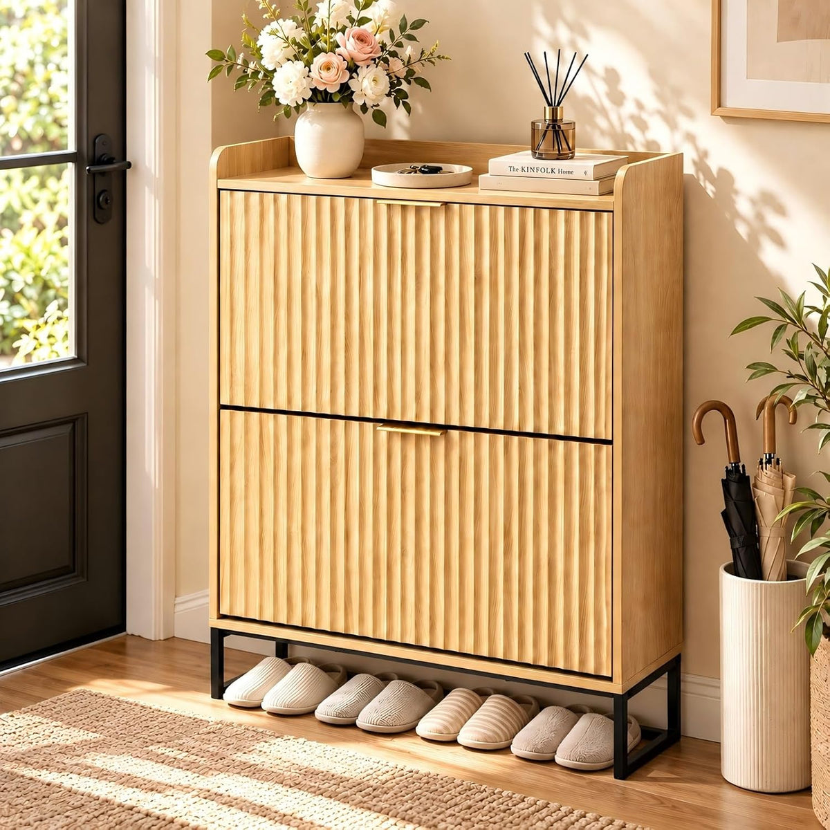 VINGLI Fluted Shoe Cabinet Storage for Entryway,Hidden Shoes Storage Cabinet with 2 Flip Drawers, Mid Century Modern Shoe Rack Organizer,Free Standing Shoes Organizer for Hallway(Natural Oak)