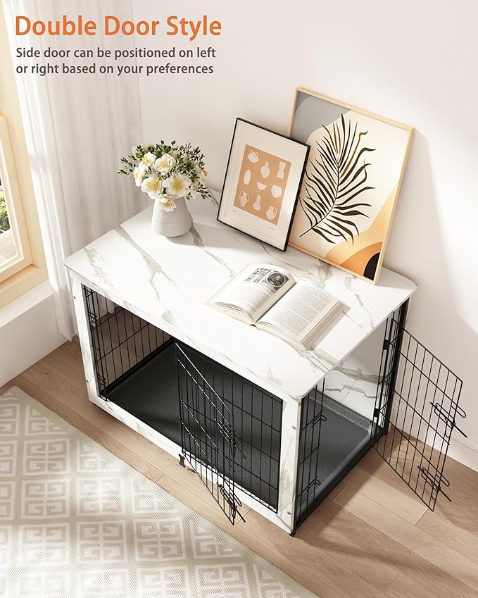 Megidok Wooden Dog Crate Furniture with Cushion,Medium Dog Crate End Table with Tray, Double Doors Kennels Indoor (32" L*22" W*26" H, Marble White)