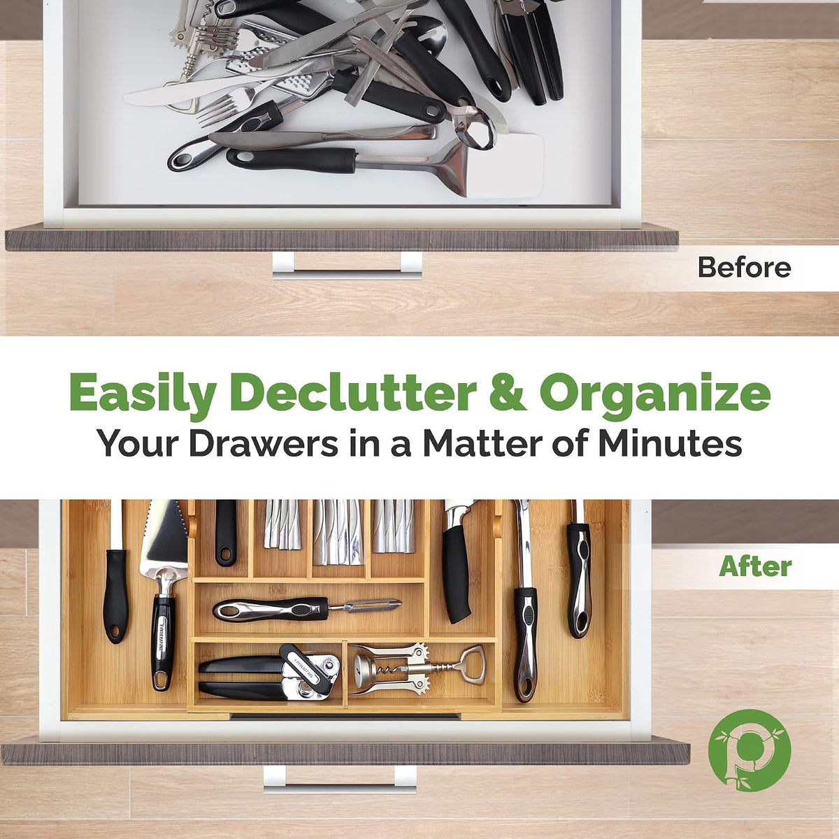 Pristine Bamboo Silverware Organizer - Expandable Kitchen Drawer Organizer - Adjustable Kitchen Drawer Organizer for Utensils, Expandable to 22 Inches Wide, 10 Compartments, Silverware Tray for Drawer