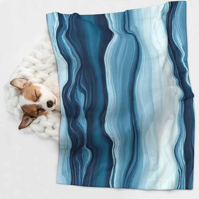 Waterproof Dog Blanket Soft Pet Blanket for Puppy Cat, Fleece Cat Throw Blankets for Furniture Bed Couch Sofa Reversible - Teal Turquoise Fluid Stripes