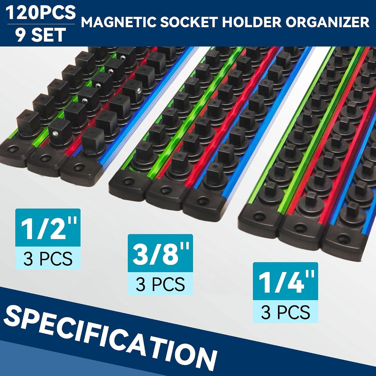 Magnetic Socket Holder Organizer 1/4" 3/8" 1/2" Socket Rail with 120 Clips