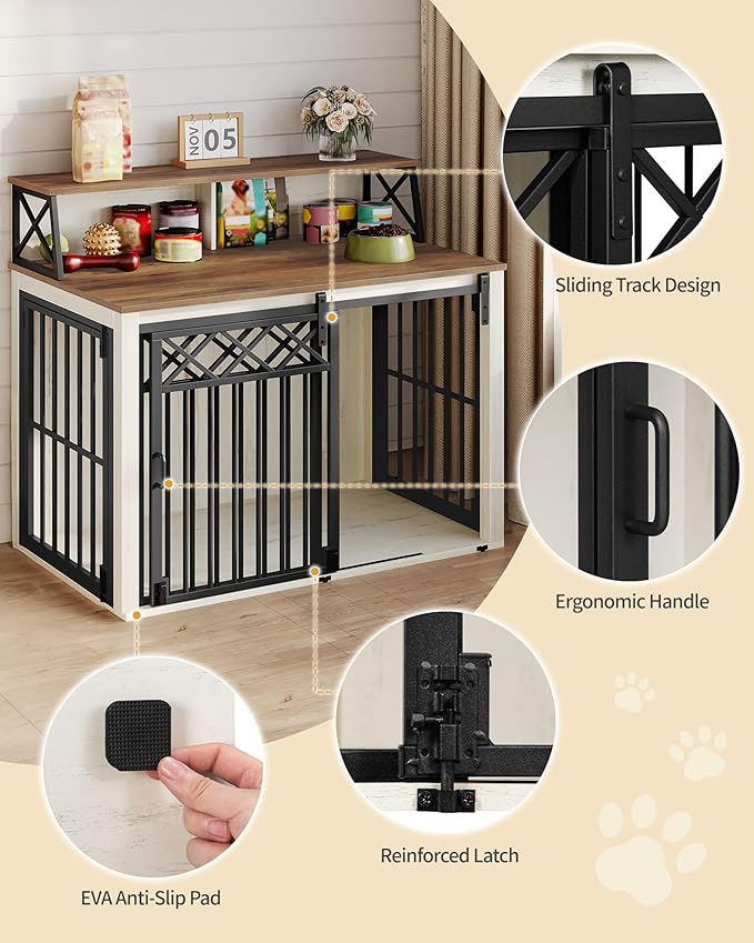 39.4'' Dog Crate Furniture, Large Wooden Dog Crate with Storage and 3 Doors, Indoor Kennel for Medium/Large Dogs, End Table with Barn Door, Chew-Proof and Escape-Proof, White Brown DFC87414B