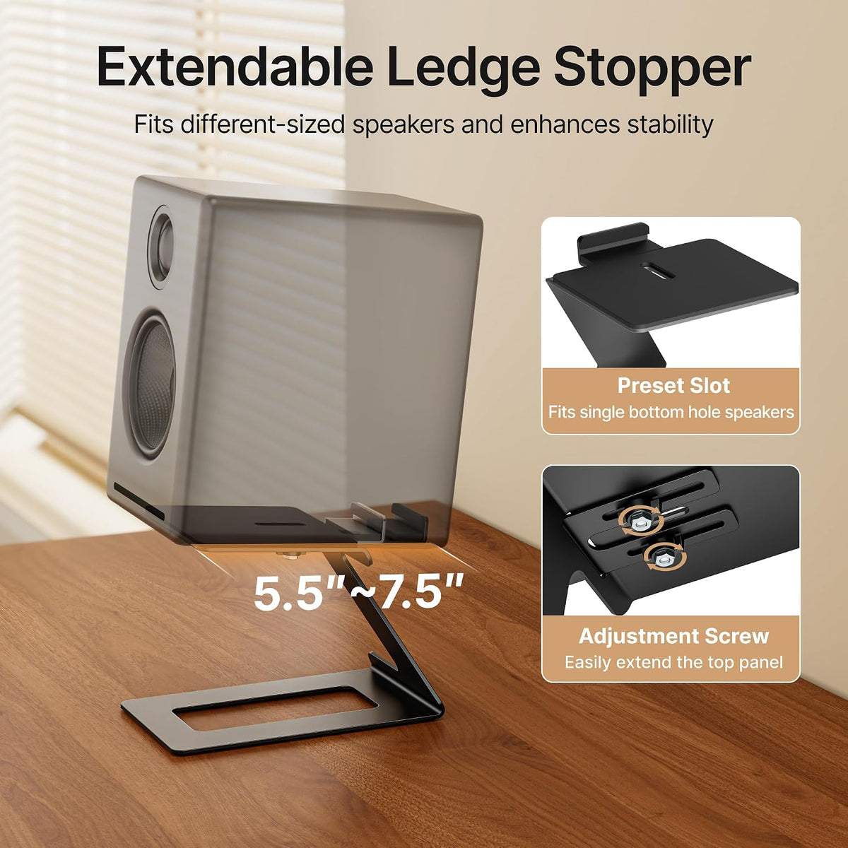 PEGZONE Desktop Speaker Stands, Adjustable Depth 5.5″–7.5″, 1 Pair