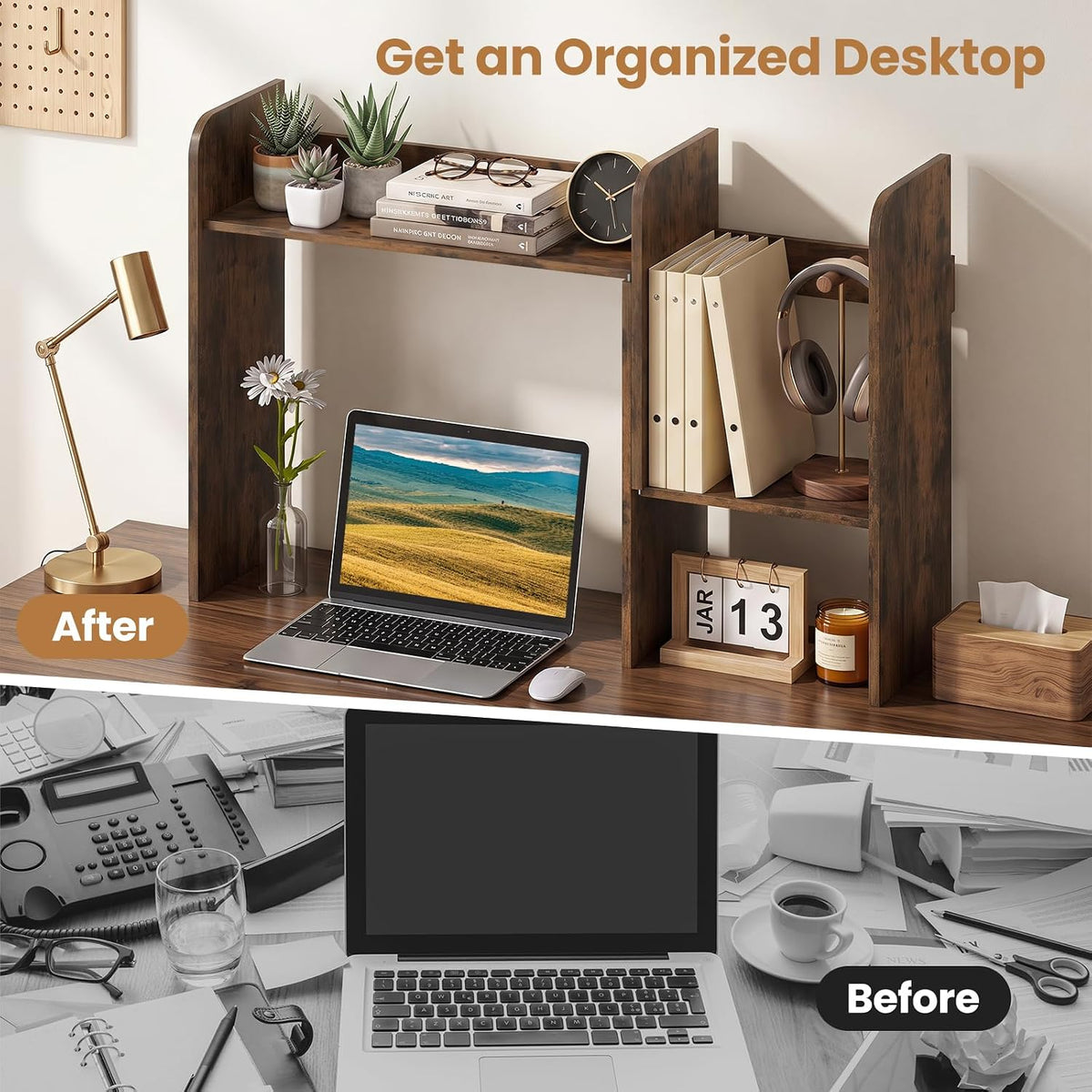 Tangkula Extendable Desktop Bookshelf, Dorm Desk Hutch, Rustic Brown