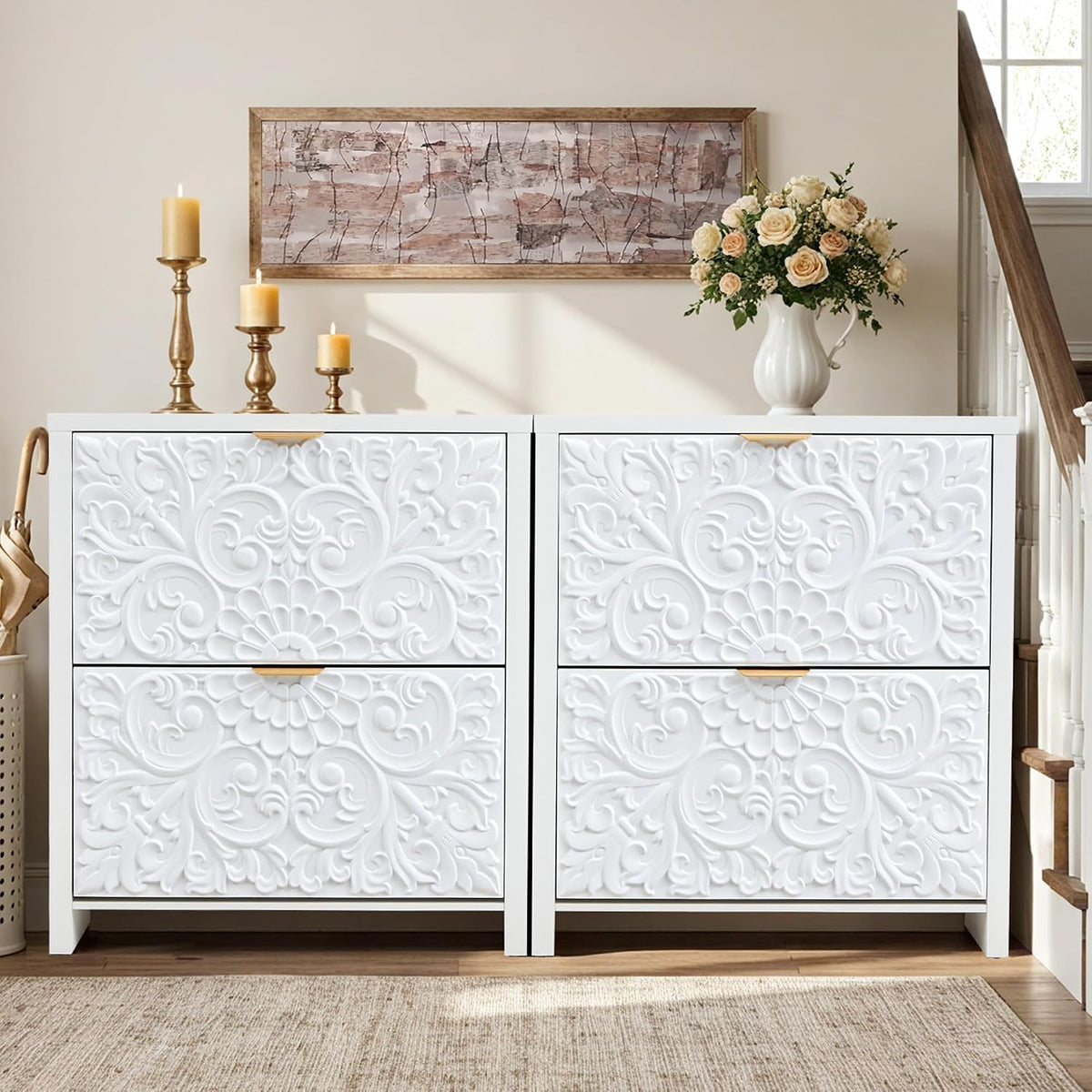 weselon Shoe Cabinet with Flip Drawers, Narrow Shoe Storage Cabinet, 2-Tier Hidden Shoe Organizer with Floral Embossed for Entryway, Mid-Century Modern Slim Shoes Storage for Hallway Foyer (1, White)