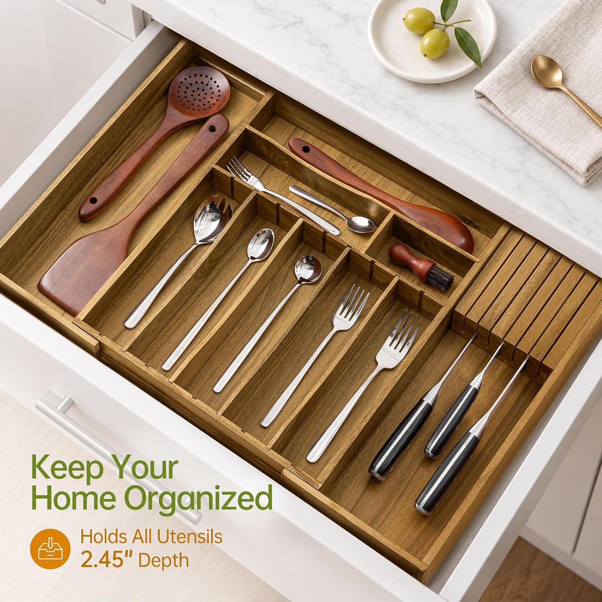 Acacia Expandable Silverware Drawer Organizer, Removable Knife Block