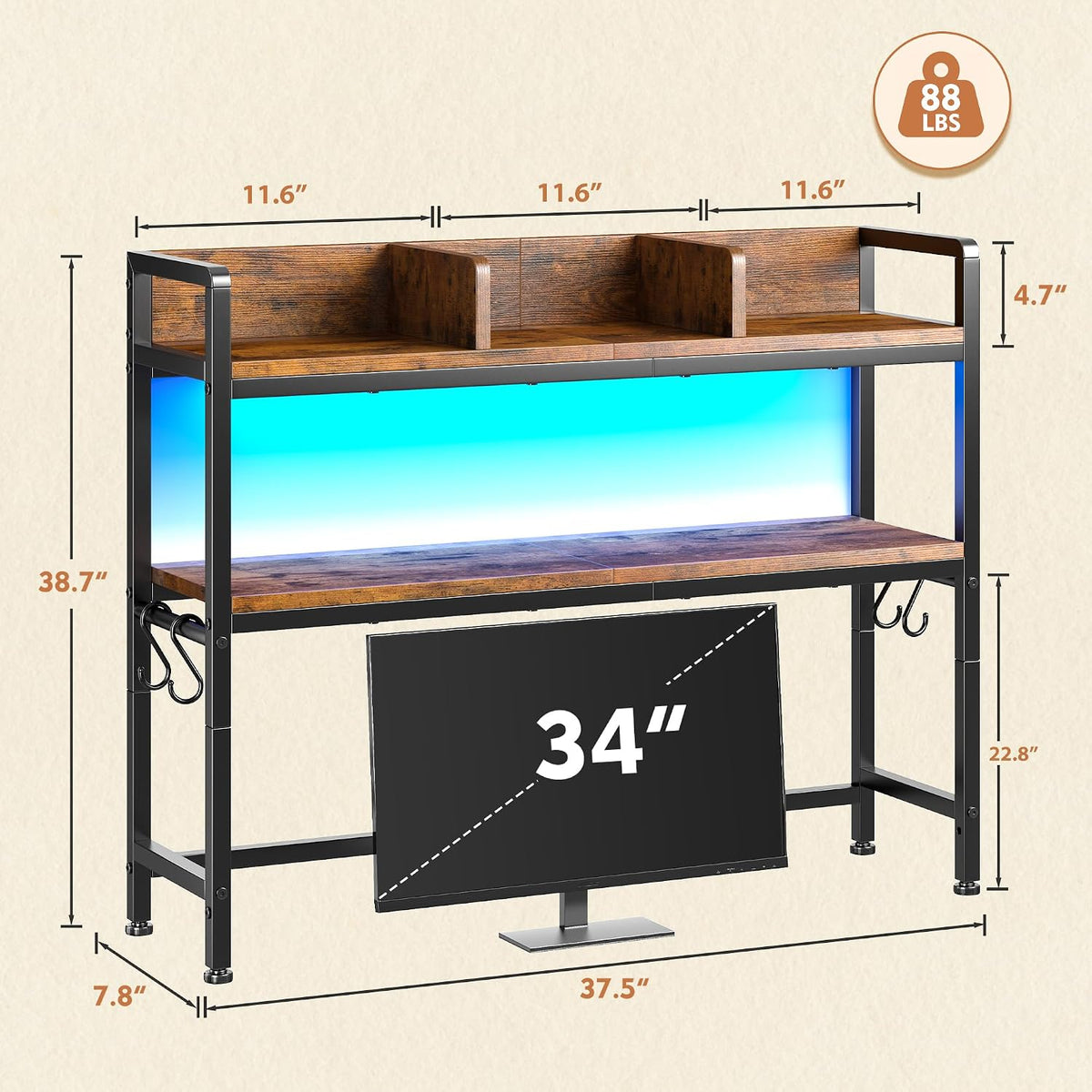 REIBII 2-Tier Desk Shelf with LED for Bedroom and Home Office, Rustic Brown
