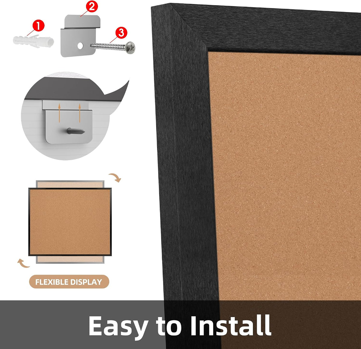 Extra Large Cork Bulletin Board 60" X 36", Black Wood Framed Corkboard for Wall, Wall Mounted Notice Pin Board with 18 Push Pins