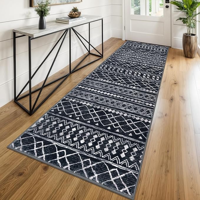 KUTA Moroccan Washable Runner Rug 2.6x8, Non-Slip Vintage Black Boho Hallway