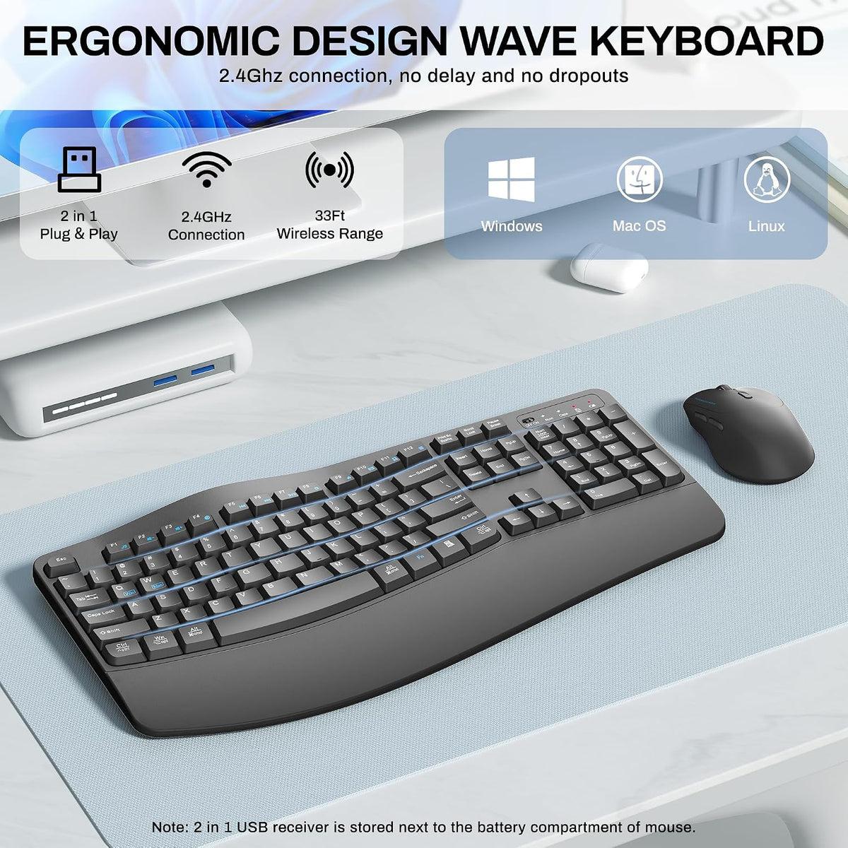 Wireless Keyboard and Mouse Combo,2.4G Full Size Ergonomic Wave Keys(Gray)
